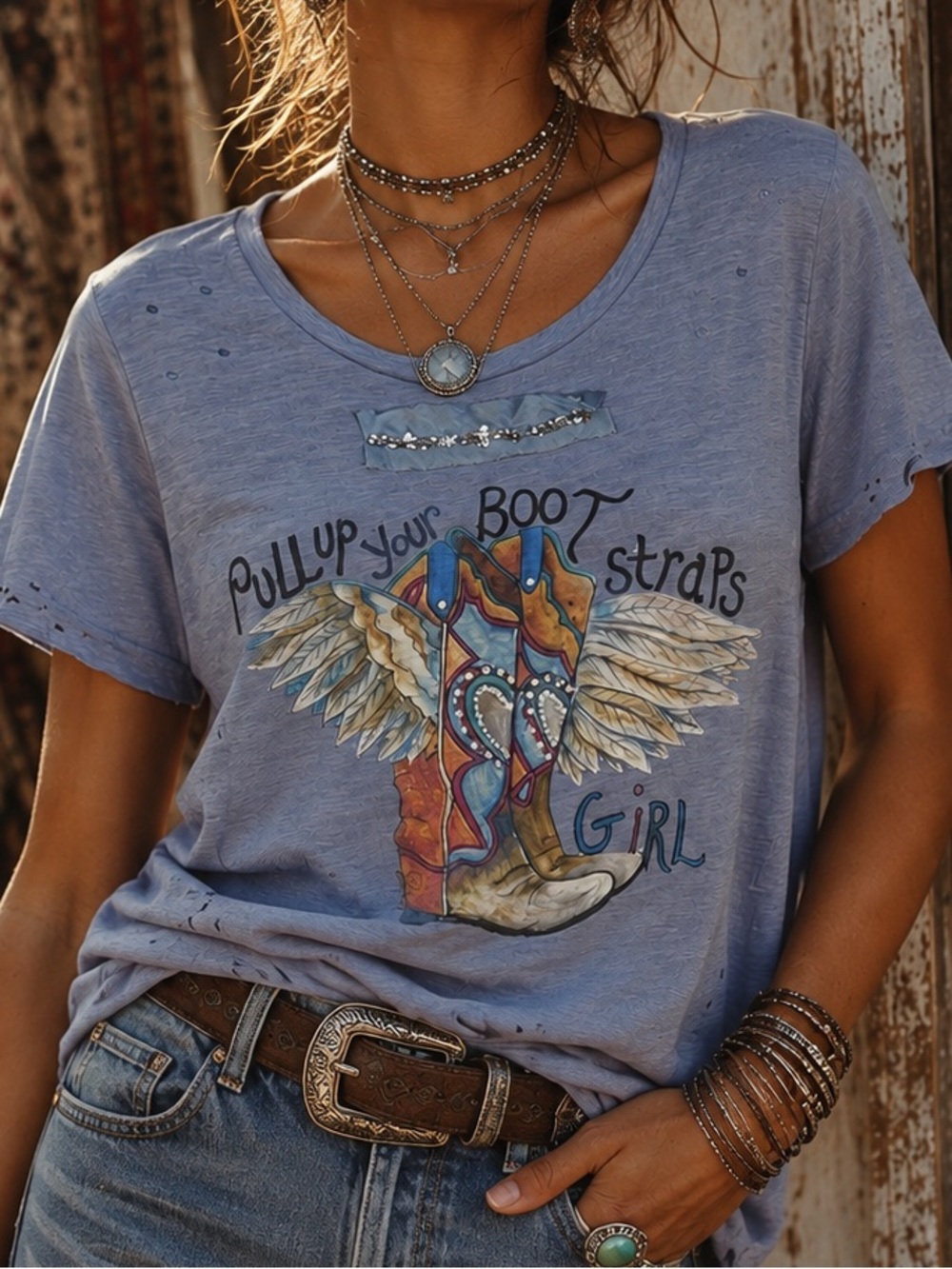 A Rare Bird “Pull Up Your Boot Straps Girl” Tattered Tee S/M NWT
